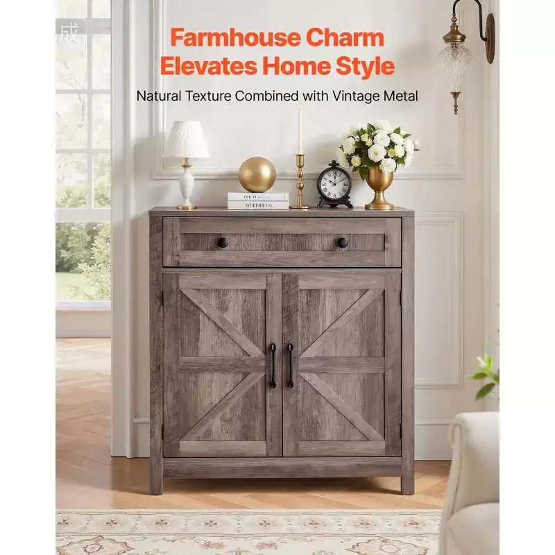 Mobiletto per Caffè, Tavolo Bar Rustico con Cassetto, Credenza a Buffet con 2 Ante Scorrevole, 75 x 37,5 x 80 cm, Grigio