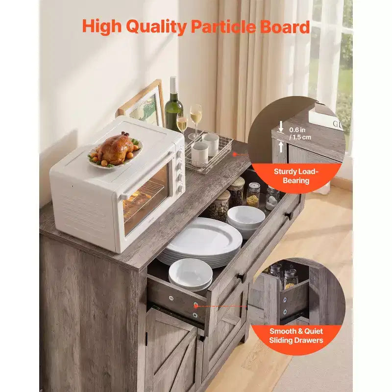 Mobiletto per Caffè, Tavolo Bar Rustico con Cassetto, Credenza a Buffet con 2 Ante Scorrevole, 75 x 37,5 x 80 cm, Grigio