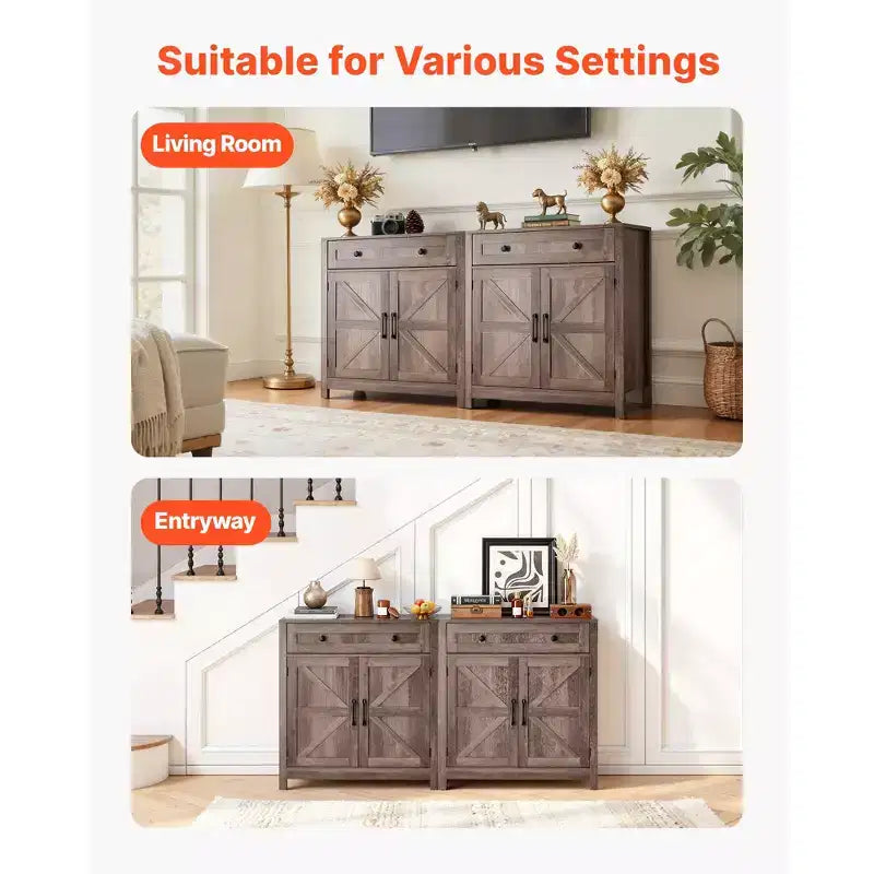 Mobiletto per Caffè, Tavolo Bar Rustico con Cassetto, Credenza a Buffet con 2 Ante Scorrevole, 75 x 37,5 x 80 cm, Grigio