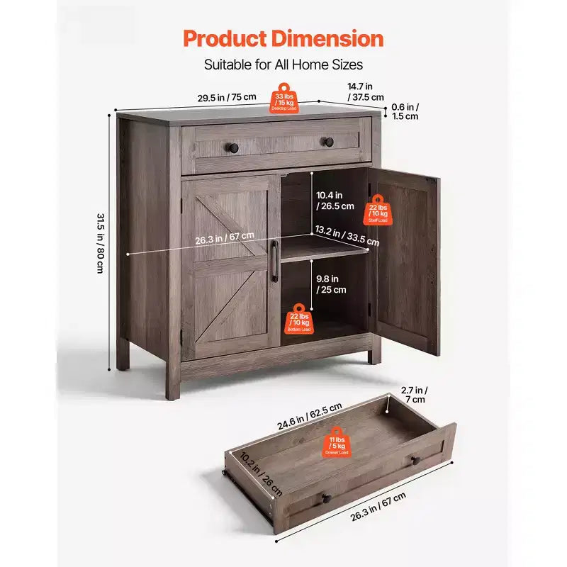 Mobiletto per Caffè, Tavolo Bar Rustico con Cassetto, Credenza a Buffet con 2 Ante Scorrevole, 75 x 37,5 x 80 cm, Grigio