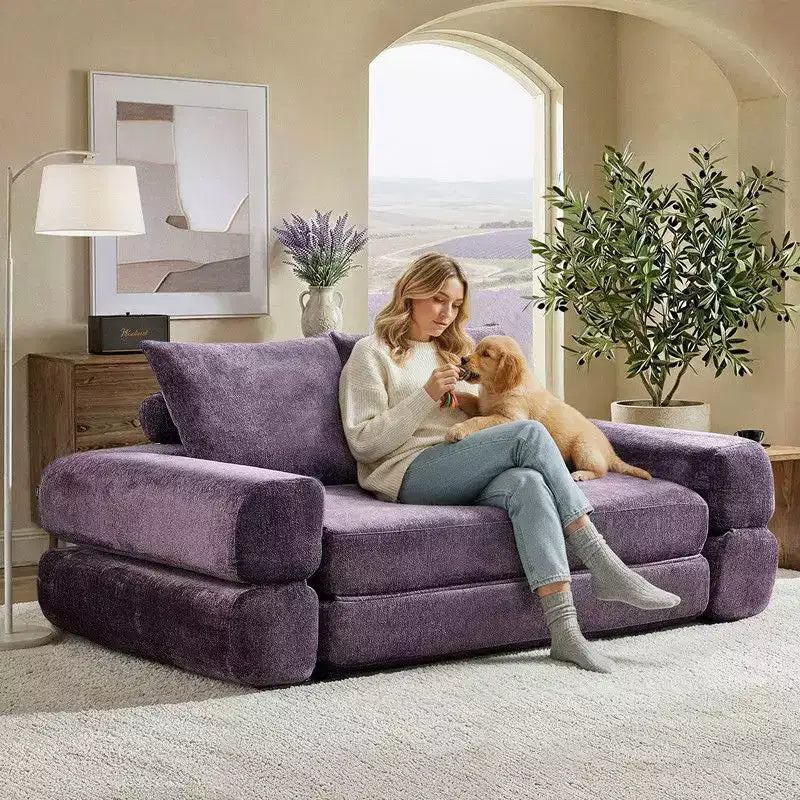 Divano Letto Convertibile Moderno in ciniglia Queen Size con Schienale Diviso