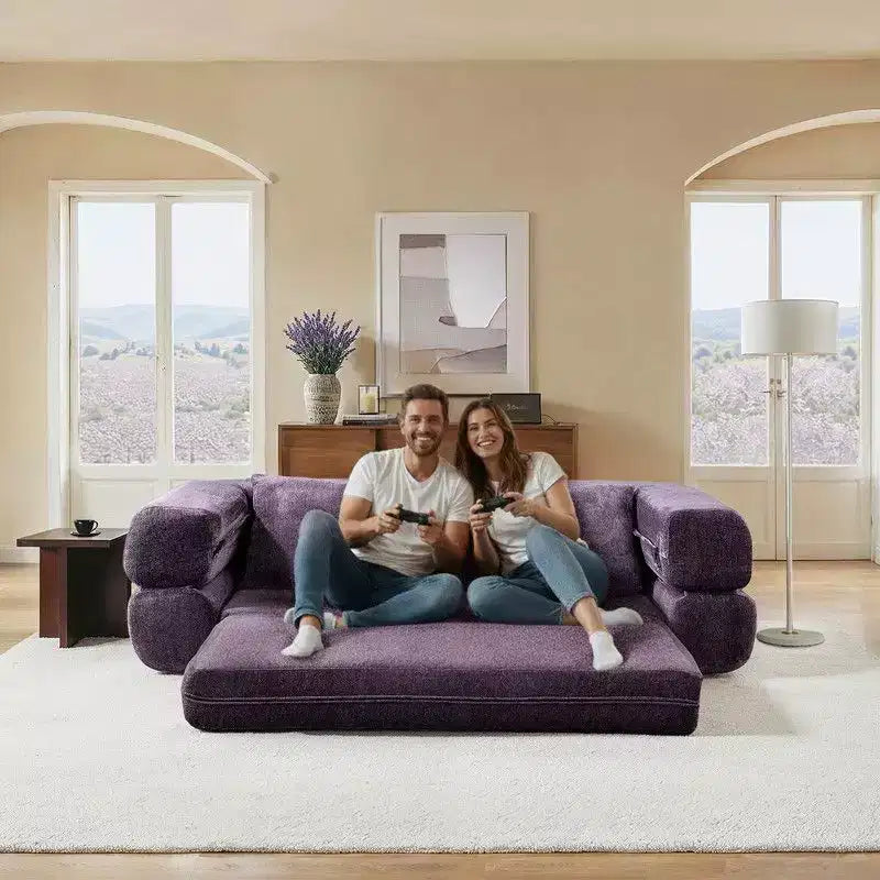 Divano Letto Convertibile Moderno in ciniglia Queen Size con Schienale Diviso