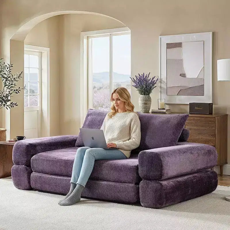 Divano Letto Convertibile Moderno in ciniglia Queen Size con Schienale Diviso