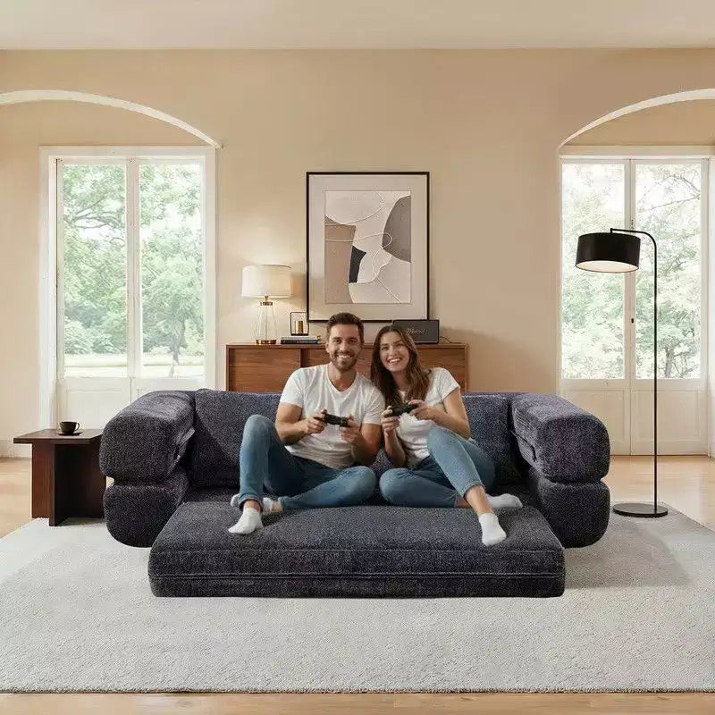 Divano Letto Convertibile Moderno in ciniglia Queen Size con Schienale Diviso