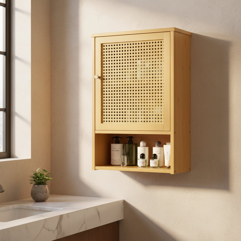 Bamboo Bathroom Wall Cabinet with Rattan Doors, Over Toilet Storage with Adjustable Shelf, Space-Saving Medicine Cabinet for Kitchen Living Room