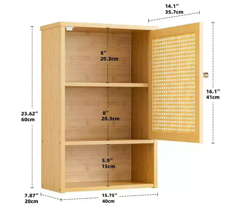 Pensile da bagno in bambù con ante in rattan, mobiletto salvaspazio sopra il WC con ripiano regolabile, armadietto dei medicinali per cucina e soggiorno
