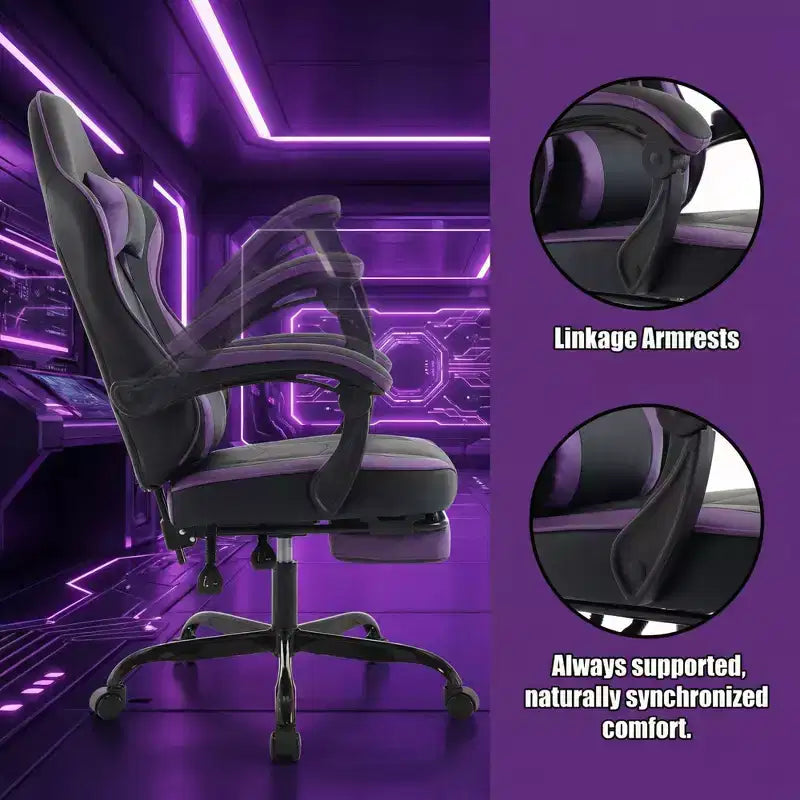 Sedia da gaming con poggiapiedi, sedia ergonomica da computer, girevole e regolabile in altezza, supporto lombare massaggiante, sedia da videogioco, nero e viola
