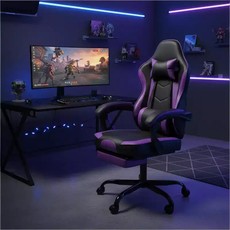 Sedia da gaming con poggiapiedi, sedia ergonomica da computer, girevole e regolabile in altezza, supporto lombare massaggiante, sedia da videogioco, nero e viola