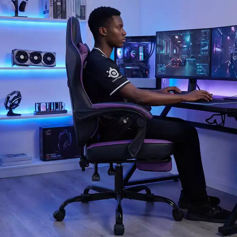 Sedia da gaming con poggiapiedi, sedia ergonomica da computer, girevole e regolabile in altezza, supporto lombare massaggiante, sedia da videogioco, nero e viola