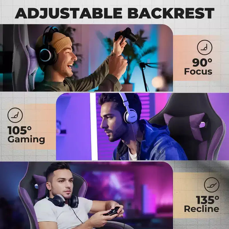 Sedia da gaming con poggiapiedi, sedia ergonomica da computer, girevole e regolabile in altezza, supporto lombare massaggiante, sedia da videogioco, nero e viola