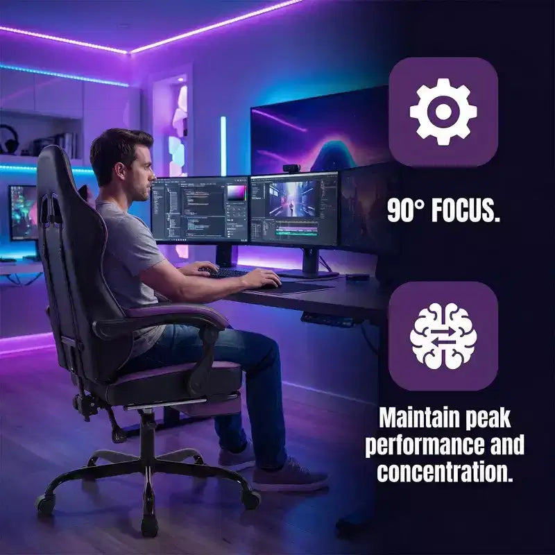 Sedia da gaming con poggiapiedi, sedia ergonomica da computer, girevole e regolabile in altezza, supporto lombare massaggiante, sedia da videogioco, nero e viola