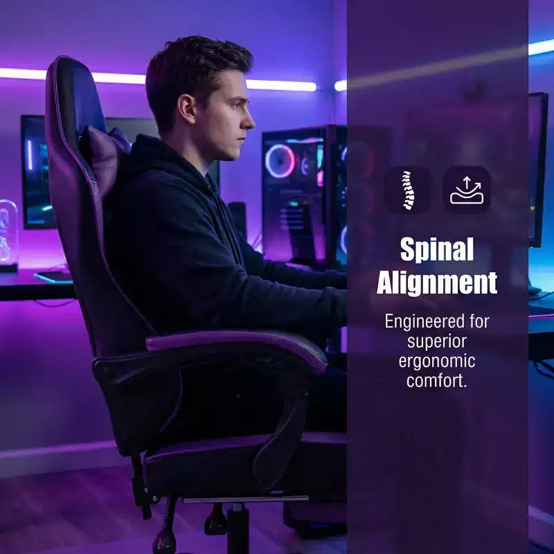 Sedia da gaming con poggiapiedi, sedia ergonomica da computer, girevole e regolabile in altezza, supporto lombare massaggiante, sedia da videogioco, nero e viola