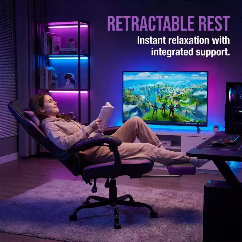 Sedia da gaming con poggiapiedi, sedia ergonomica da computer, girevole e regolabile in altezza, supporto lombare massaggiante, sedia da videogioco, nero e viola