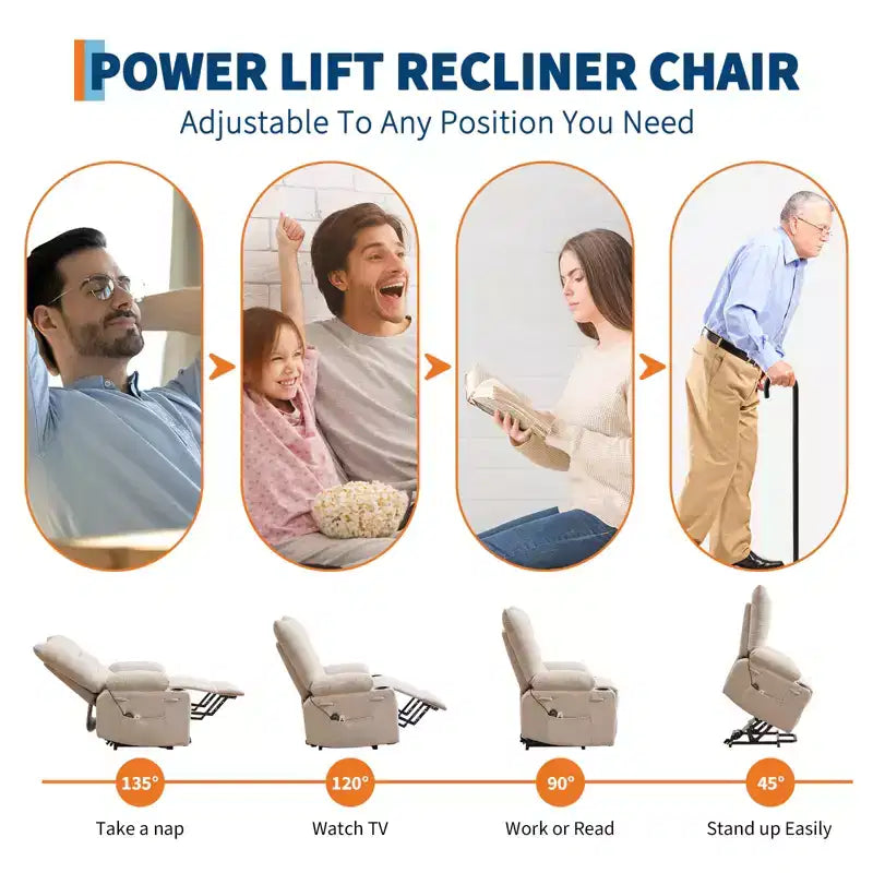 Poltrona reclinabile Power Lift, poltrona reclinabile elettrica massaggiante e riscaldante con funzione alzata assistita a 45°, con morbida imbottitura, tasca laterale e portabicchieri