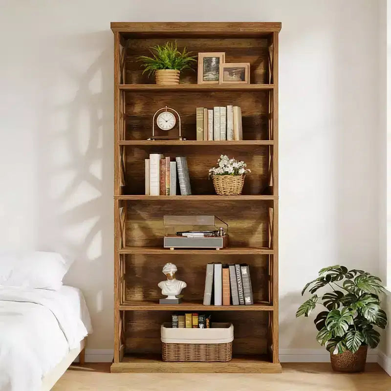 Libreria decorativa in legno a 6 ripiani con pannelli laterali decorati