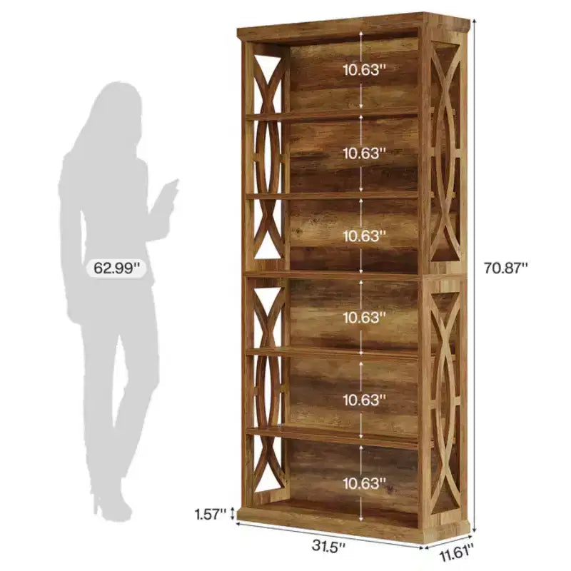 Libreria decorativa in legno a 6 ripiani con pannelli laterali decorati