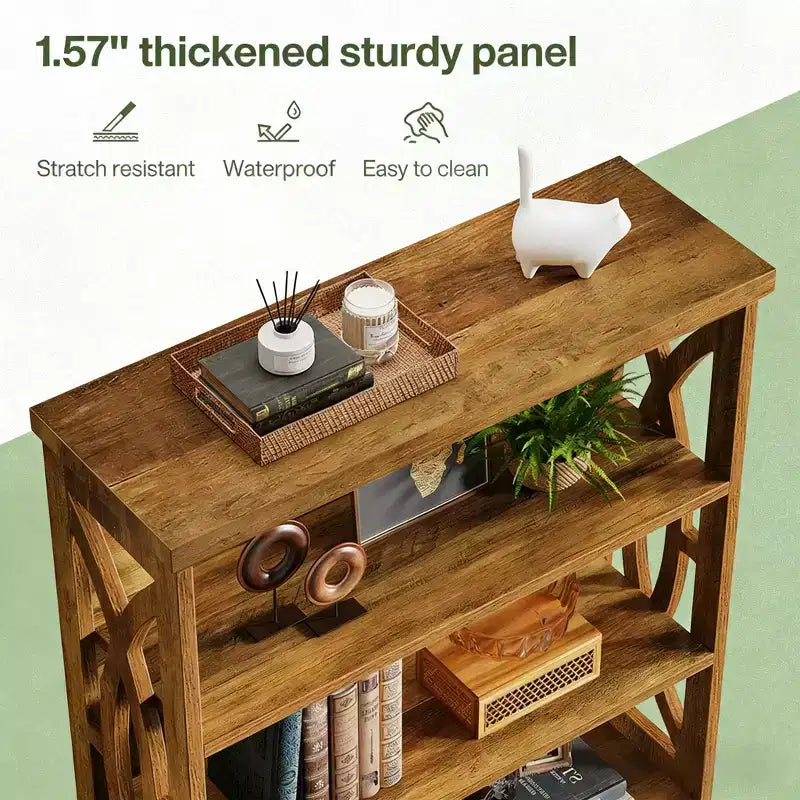 Libreria decorativa in legno a 6 ripiani con pannelli laterali decorati