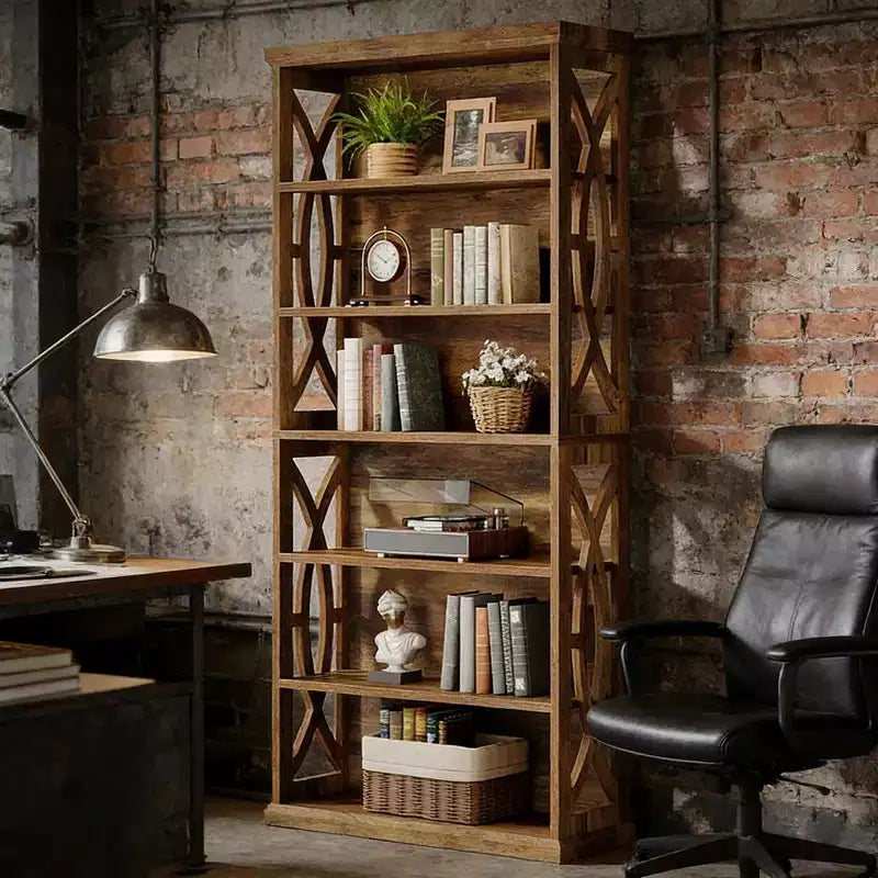 Libreria decorativa in legno a 6 ripiani con pannelli laterali decorati