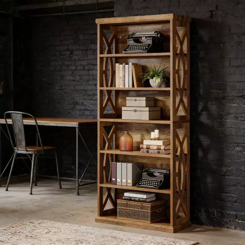 Libreria decorativa in legno a 6 ripiani con pannelli laterali decorati