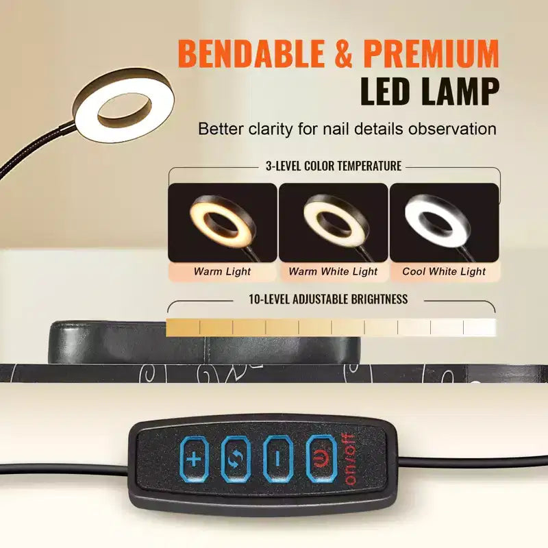 Tavolo per manicure portatile pieghevole con aspiratore elettrico, lampada a LED e 4 ruote, nero