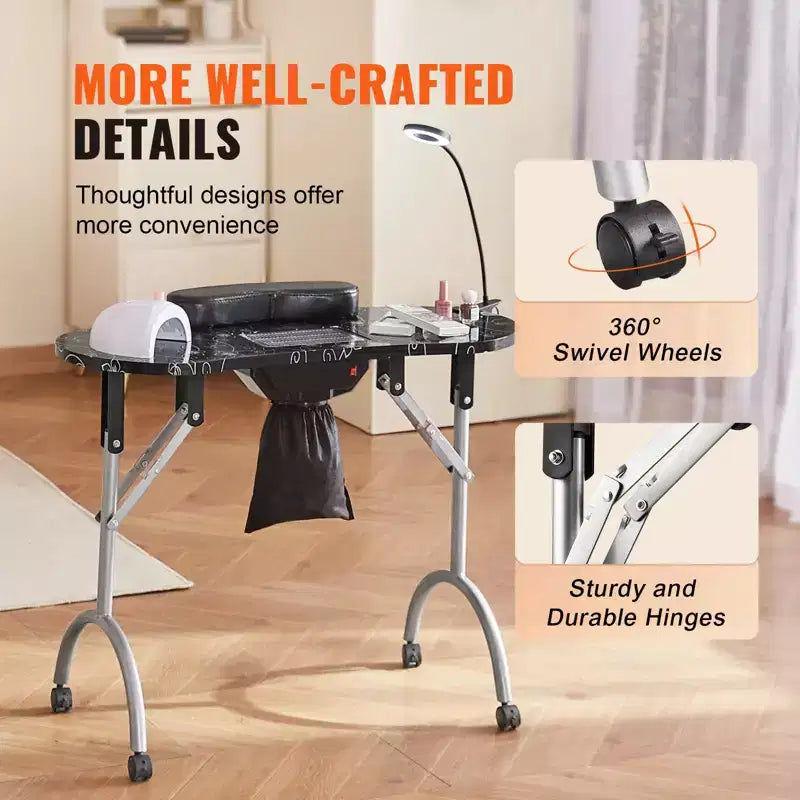 Tavolo per manicure portatile pieghevole con aspiratore elettrico, lampada a LED e 4 ruote, nero