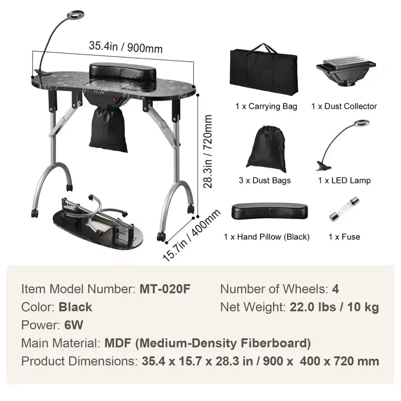 Tavolo per manicure portatile pieghevole con aspiratore elettrico, lampada a LED e 4 ruote, nero