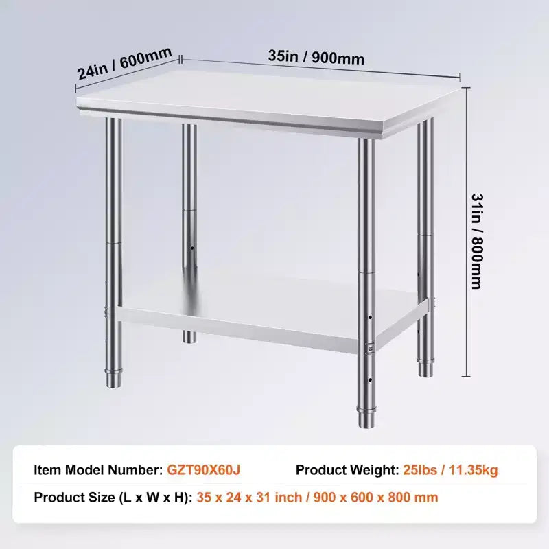 Tavolo da preparazione in acciaio inossidabile, 35 x 24 x 31 pollici, capacità di carico di 700 libbre, tavolo da lavoro in metallo per impieghi gravosi con altezza regolabile