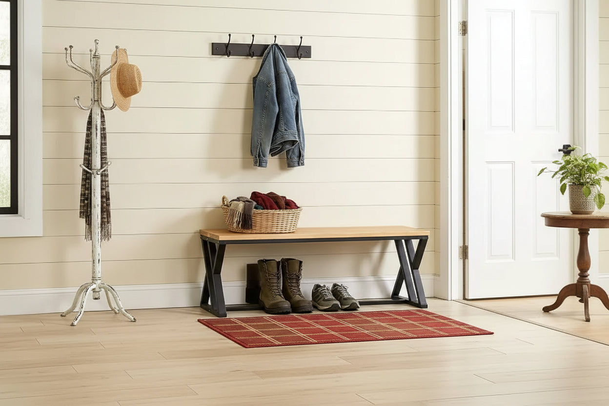 Lantine 55 Solid Wood Entryway Bench with Metal Legs, Rustic Industrial Indoor Seat for Hallway, Foyer, Bedroom, Living Room, Dining Room