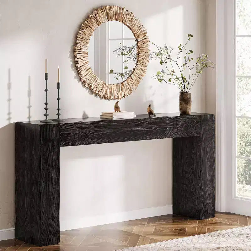 Tavolo Console da Divano Rustico in Legno Massello da 63 Pollici per Ingresso, Soggiorno, Anticamera, Facile da Montare (Nero)