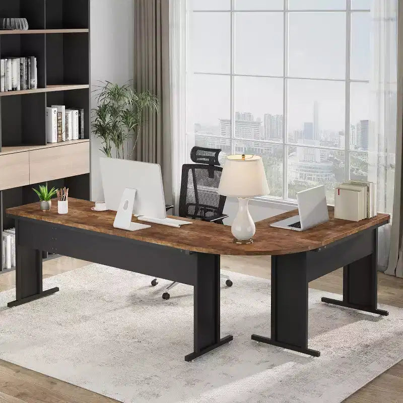 Scrivania a L grande da 83 pollici, scrivania direzionale reversibile, tavolo da computer angolare moderno per ufficio domestico (marrone)