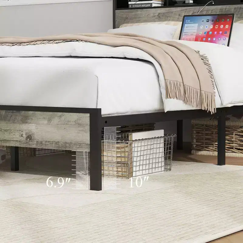 Letto a piattaforma singolo/matrimoniale con contenitore e testiera, Struttura letto a piattaforma in legno con stazione di ricarica, Grigio Antico