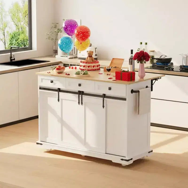 Grande isola da cucina mobile, carrello da cucina su ruote con ante a ribalta, vano per pattumiera, portapane, tavolo da isola da cucina per sala da pranzo