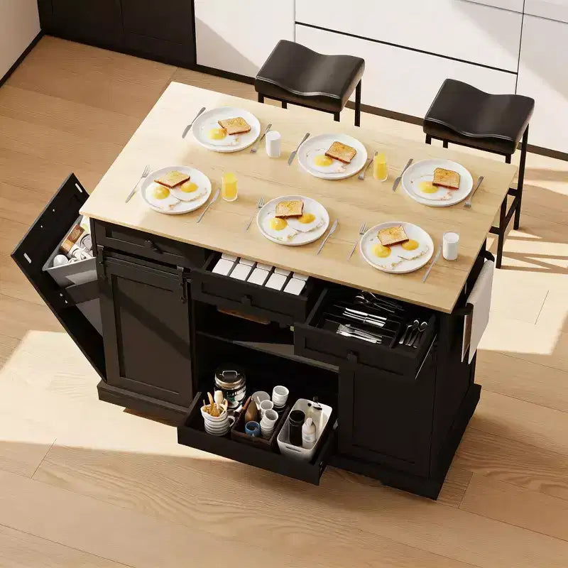 Grande isola da cucina mobile, carrello da cucina su ruote con ante a ribalta, vano per pattumiera, portapane, tavolo da isola da cucina per sala da pranzo