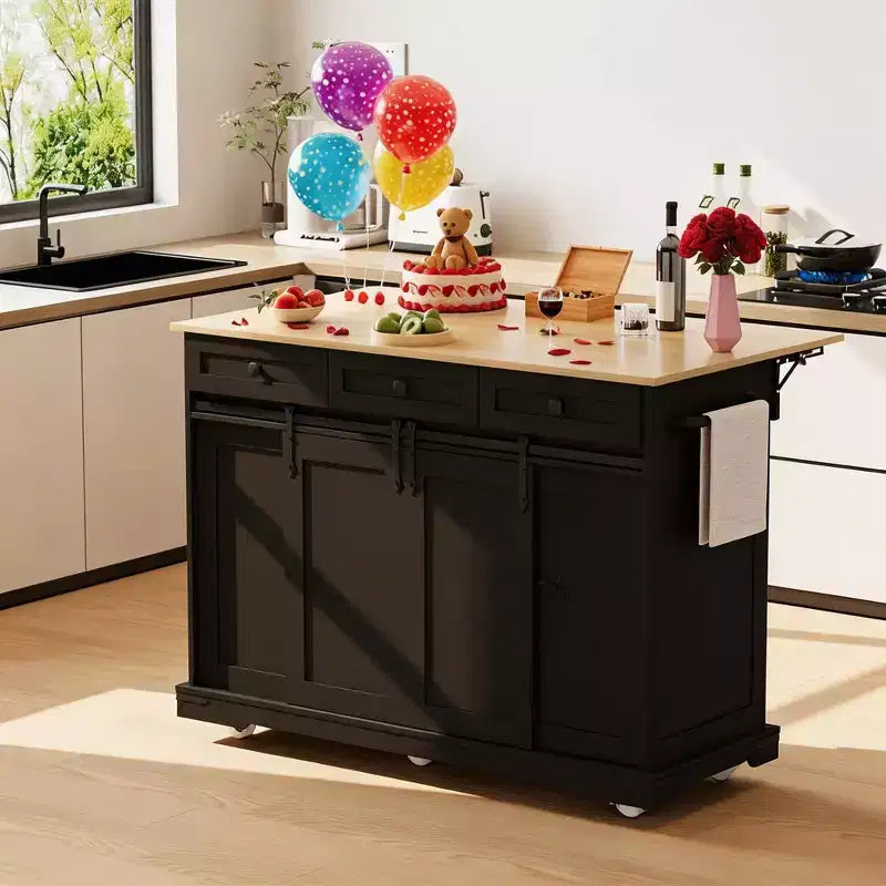 Grande isola da cucina mobile, carrello da cucina su ruote con ante a ribalta, vano per pattumiera, portapane, tavolo da isola da cucina per sala da pranzo