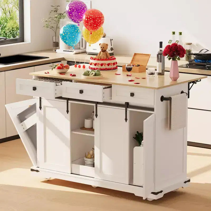 Grande isola da cucina mobile, carrello da cucina su ruote con ante a ribalta, vano per pattumiera, portapane, tavolo da isola da cucina per sala da pranzo