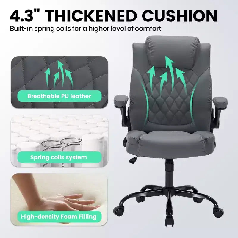 Sedia da Ufficio in Pelle 350 LBS, Sedia da Scrivania Direzionale Ergonomica con Schienale Alto, Ruote Girevoli a 360°, Supporto Lombare, Braccioli Ribaltabili, per Casa, Ufficio