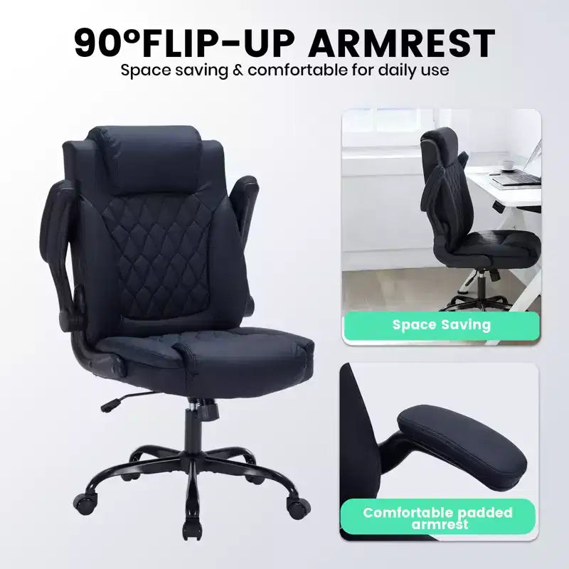 Sedia da Ufficio in Pelle 350 LBS, Sedia da Scrivania Direzionale Ergonomica con Schienale Alto, Ruote Girevoli a 360°, Supporto Lombare, Braccioli Ribaltabili, per Casa, Ufficio
