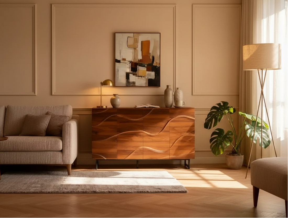 59 Modern Solid Wood Sideboard with Wave Relief & Iron Legs