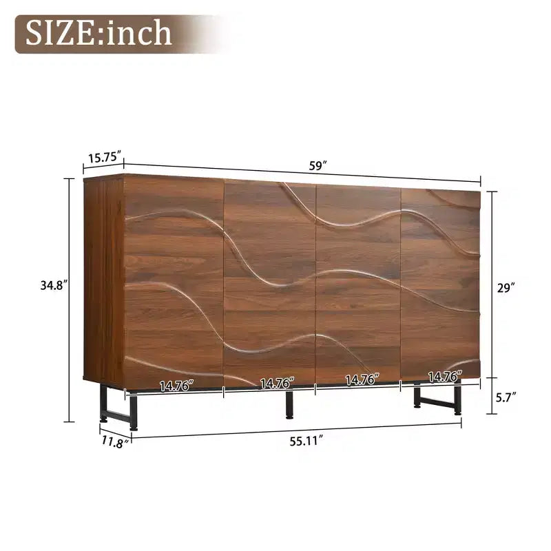 59 Modern credenza in legno massello con rilievo a onde e gambe in ferro