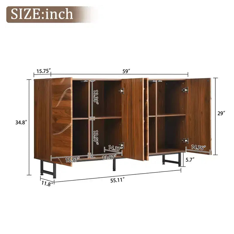59 Modern credenza in legno massello con rilievo a onde e gambe in ferro