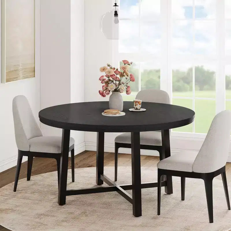 Round Dining Table for 4-6, 47 Industrial Dinner Table with Metal Base, Kitchen Table for Dining Room, Small Space, Apartment