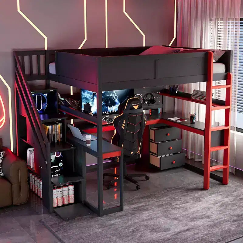 Letto a soppalco da gaming in legno con scale-contenitore, scrivania, mensole e pannello forato
