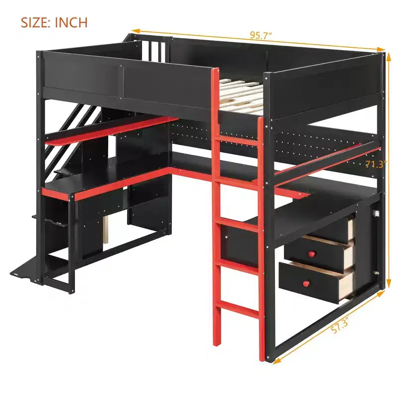 Letto a soppalco da gaming in legno con scale-contenitore, scrivania, mensole e pannello forato