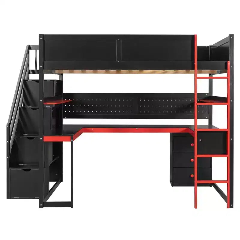 Letto a soppalco da gaming in legno con scale-contenitore, scrivania, mensole e pannello forato