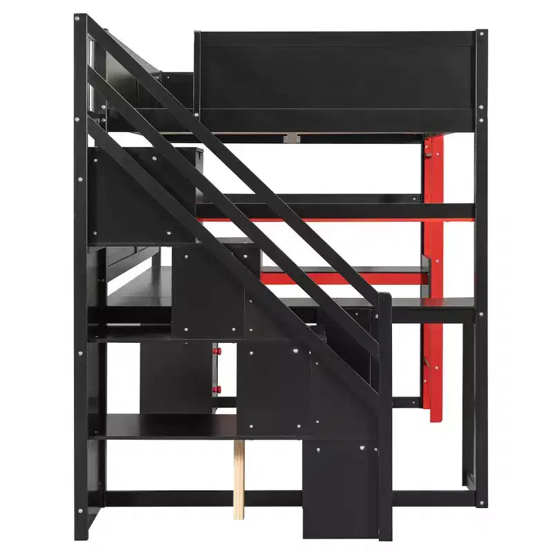 Letto a soppalco da gaming in legno con scale-contenitore, scrivania, mensole e pannello forato
