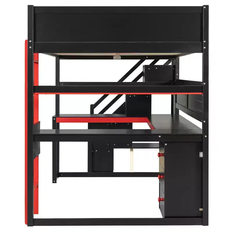 Letto a soppalco da gaming in legno con scale-contenitore, scrivania, mensole e pannello forato