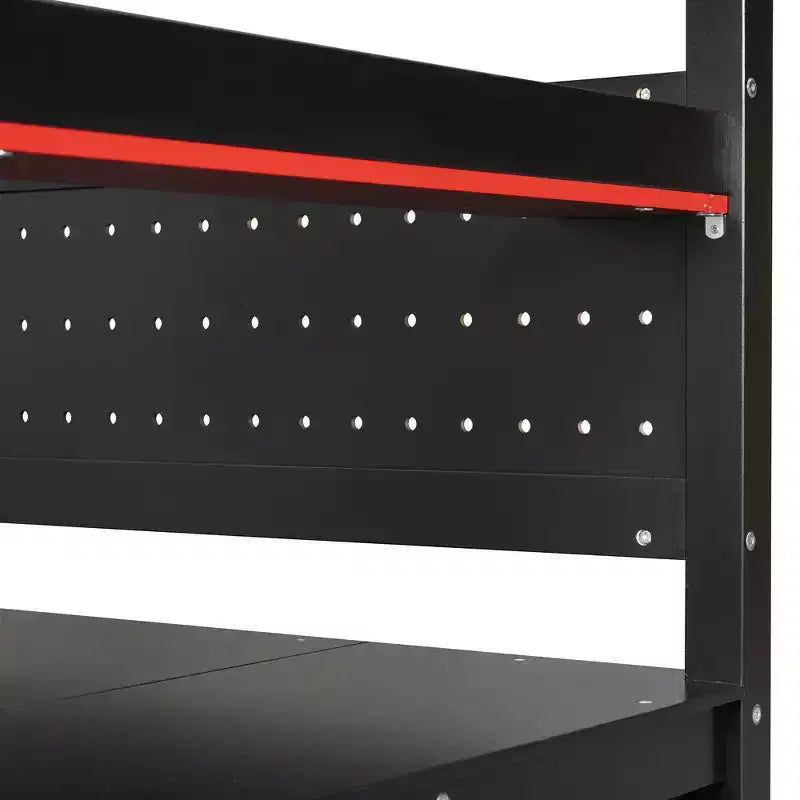 Letto a soppalco da gaming in legno con scale-contenitore, scrivania, mensole e pannello forato