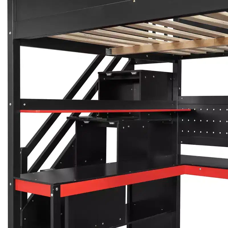Letto a soppalco da gaming in legno con scale-contenitore, scrivania, mensole e pannello forato