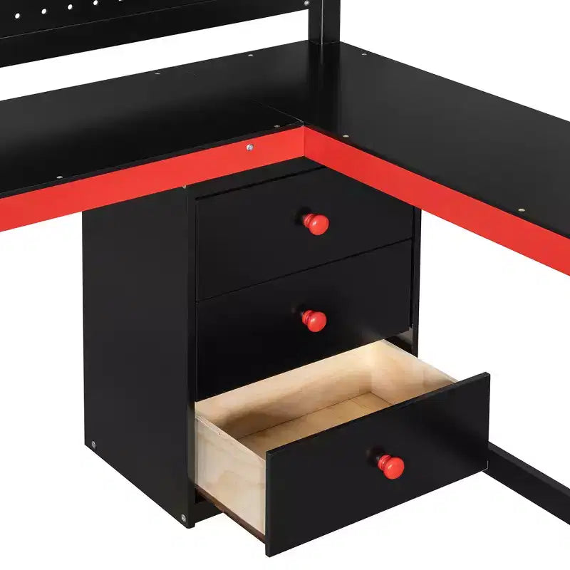Letto a soppalco da gaming in legno con scale-contenitore, scrivania, mensole e pannello forato
