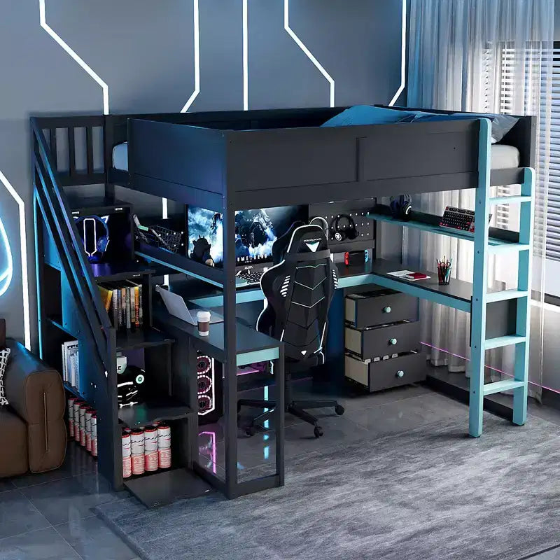 Letto a soppalco da gaming in legno con scale-contenitore, scrivania, mensole e pannello forato